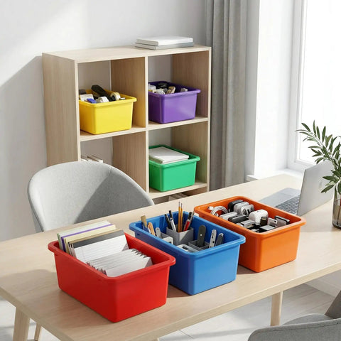 Room with shelves and table displaying a 6 Pack Cubby Bin Storage Set Durable Plastic Stackable Bins For Toy Organization At Home Nursery Playroom Classroom Colors Red Green Orange