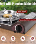 Close-up of 14,000 BTU Portable Butane Camping Stove with brass burner, galvanized steel, showcasing premium materials and durability.