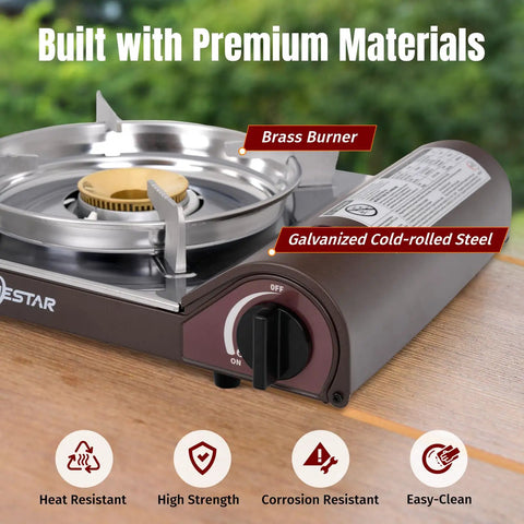 Close-up of 14,000 BTU Portable Butane Camping Stove with brass burner, galvanized steel, showcasing premium materials and durability.