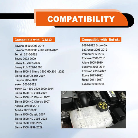 Compatibility list for radiator expansion tank cap replacement with GM and Buick models, image of installed coolant reservoir cap
