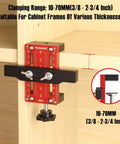 Aluminum Alloy Cabinet Door Mounting Jig with Built In Screw Clamp, 10-70mm range, in use on wooden cabinet.