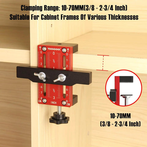Aluminum Alloy Cabinet Door Mounting Jig with Built In Screw Clamp, 10-70mm range, in use on wooden cabinet.