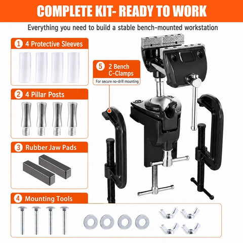 Complete kit for Heavy Duty 360 Degree Swivel Bench Gun Vise with accessories including clamps and protective sleeves.