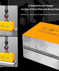 Heavy Duty Permanent Lift Magnet For Steel Plates And Rounds 4400 Lb Capacity automatic plunger design on U-shaped groove steel.
