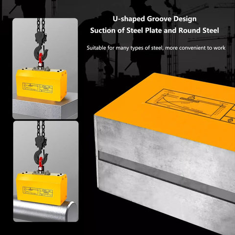 Heavy Duty Permanent Lift Magnet For Steel Plates And Rounds 4400 Lb Capacity automatic plunger design on U-shaped groove steel.