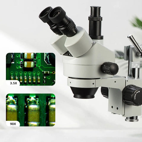 Simul Focal Trinocular Stereo Zoom Microscope Pro With WH10x Eyepieces 0.7x To 4.5x Objective on double arm boom stand