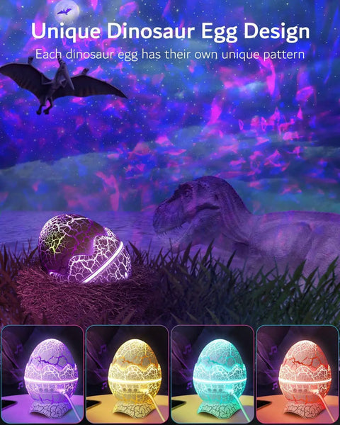 Dinosaur Eggs Galaxy Star Projector With Bluetooth Nebula LED Night Light, projecting colorful patterns in night sky theme.