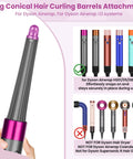 Conical Long Hair Barrel Attachment For Dyson Airwrap HS01 HS05 HS08, showing multiple color options and compatibility guide