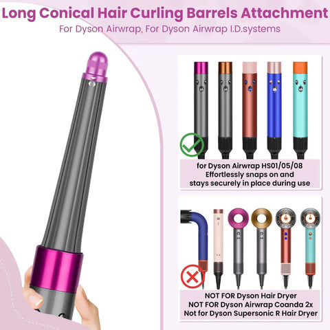 Conical Long Hair Barrel Attachment For Dyson Airwrap HS01 HS05 HS08, showing multiple color options and compatibility guide