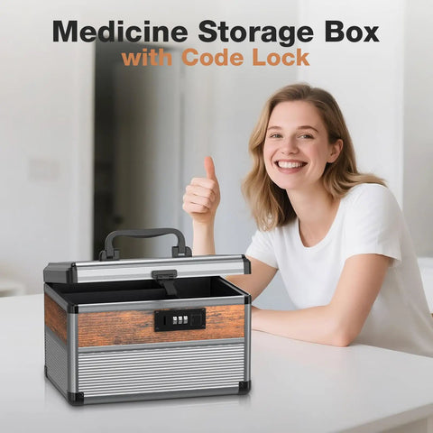 Smiling woman showing thumbs up next to Durable Aluminum Alloy Security Lock Box With 3 Digit Code Lock For Personal Items And Medicine