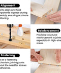 20 Piece Dowel And Tenon Center Transfer Plugs Set For Woodworking, demonstrating alignment, reinforcement, and fastening in wood drilling.