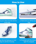 Shoe Shrink Wrap Bags Kit With 50 Pcs Of 18 By 11 Inch Bags And A Mini Heat Gun For Sneaker Storage Keep Dust Off Prevent Yellowing And Protect Your Kicks From Moisture; showcase of how to use the kit with four steps and images.