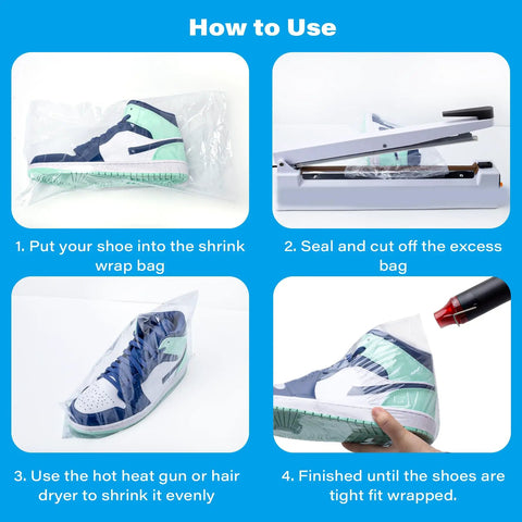 Shoe Shrink Wrap Bags Kit With 50 Pcs Of 18 By 11 Inch Bags And A Mini Heat Gun For Sneaker Storage Keep Dust Off Prevent Yellowing And Protect Your Kicks From Moisture; showcase of how to use the kit with four steps and images.