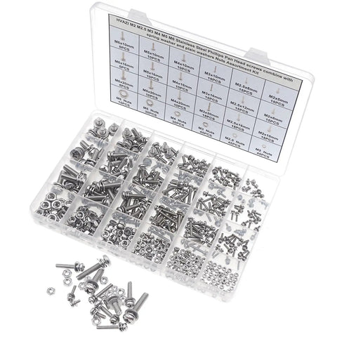 Built Different Heavy Duty 304 Stainless Steel Metric Fastener Assortment Kit Covering M2 Through M6 Phillips Pan Head Combination Screws Matching Hex Nuts in organized case.