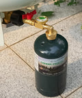 Upgraded Propane Refill Adapter With Valve And Gauge, Solid Brass QCC1 Refill Elbow connected to a 1 lb propane tank