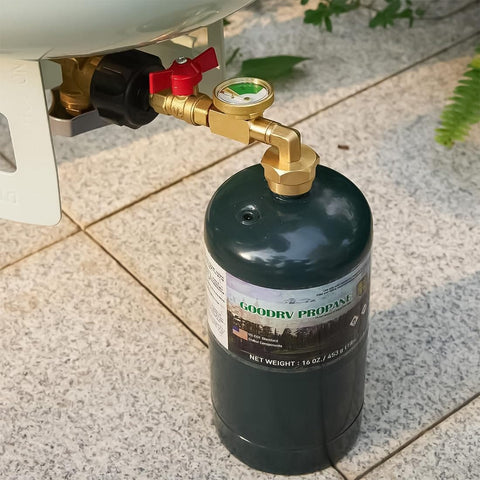 Upgraded Propane Refill Adapter With Valve And Gauge, Solid Brass QCC1 Refill Elbow connected to a 1 lb propane tank