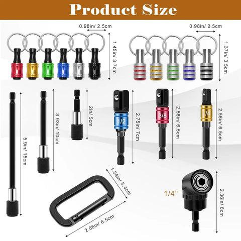 18 Piece Drill Bit Holder Kit With 11 Bit Holder Keychains, 3 Impact Socket Adapters, 3 Hex Shanks, Right Angle Driver, product sizes