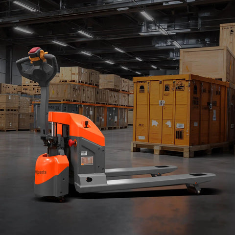 Aequanta Full Electric Pallet Jack positioned in a warehouse, showcasing its ergonomic handle and compact design for tight spaces.