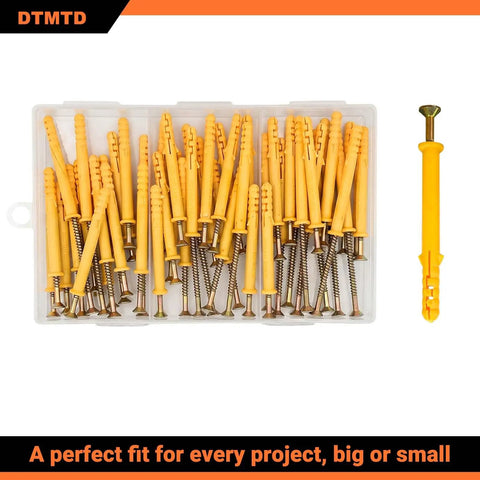100 Piece M6x60 Plastic Wall Anchors And Screws Kit with yellow anchors for concrete, brick, drywall, and hollow block.