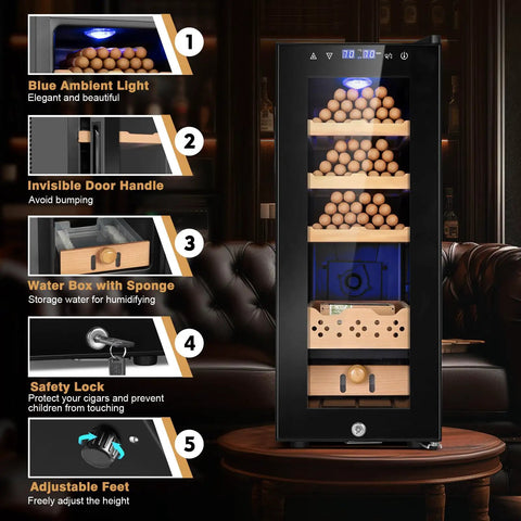 Electric Cigar Humidor Cabinet With 35L Capacity Precise Temperature And Humidity Control shown with features and Spanish cedar shelves.