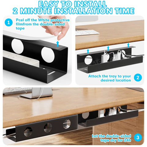 Under Desk Cable Management Tray Set Self Adhesive 2 Pack Steel Wire Organizer For Cables And Power Strips installation steps