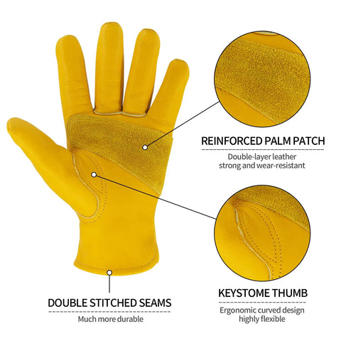 Leather Work Gloves For Men And Women, Heavy Duty Cowhide Gardening Gloves With Puncture And Cut Resistant Protection, Reinforced Stitching, Durable One Point Two Millimeter Cowhide Leather, Medium All Purpose Outdoor And Jobsite Ready, front view, reinforced palm and thumb details