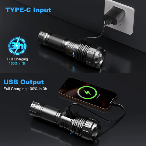 Ultra Bright 990000 Lumen Rechargeable LED Flashlight With Zoomable Beam Waterproof Tactical Light with dual charging
