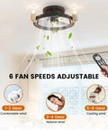 Black 18 Inch Flush Mount Ceiling Fan With Light For Bedroom, airflow and remote settings shown in living room.