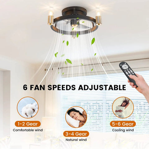 Black 18 Inch Flush Mount Ceiling Fan With Light For Bedroom, airflow and remote settings shown in living room.