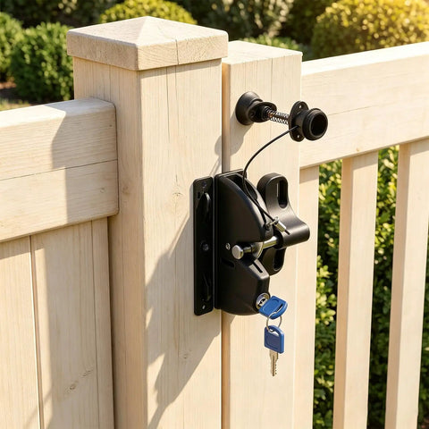 INOOMP 1Set Gate Lock for Outdoor Fence, 2-Sided Self-Locking Latch w Key on a wooden fence post, featuring black latch and blue keys.
