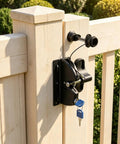 TEHAUX 1Set Key Lockable Two Sided Gate Latch for Wooden Fence w Pull Cord mounted on wooden fence with keys visible.