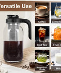 64 Oz Cold Brew Pitcher With Stainless Steel Filter And V Shaped Pour Spout, beefy mason jar on table, versatile use for drinks