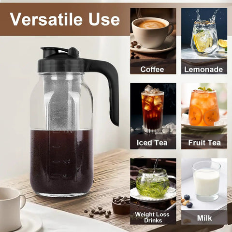 64 Oz Cold Brew Pitcher With Stainless Steel Filter And V Shaped Pour Spout, beefy mason jar on table, versatile use for drinks