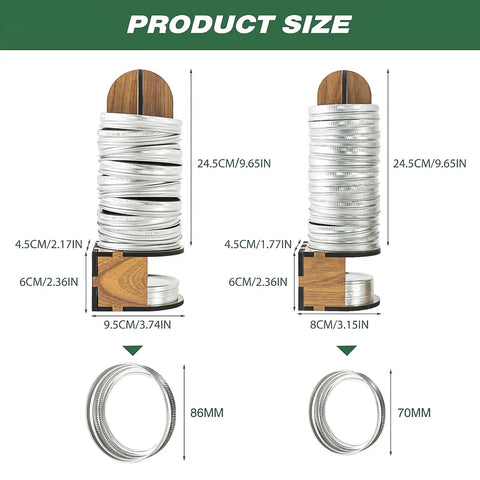 Kick The Lid Shuffle With Premium Solid Wood Mason Jar Organizer, 2 Pack Canning Rack showing dimensions and storage details.