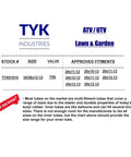 Specification chart for Multifit 26x12-12 ATV UTV Inner Tube with TR6 Valve Stem for various tire sizes, including 26x11-12.