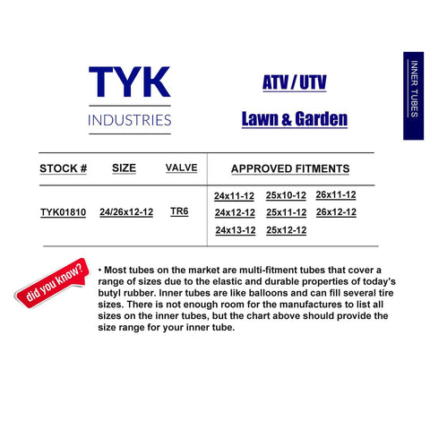 Specification chart for Multifit 26x12-12 ATV UTV Inner Tube with TR6 Valve Stem for various tire sizes, including 26x11-12.