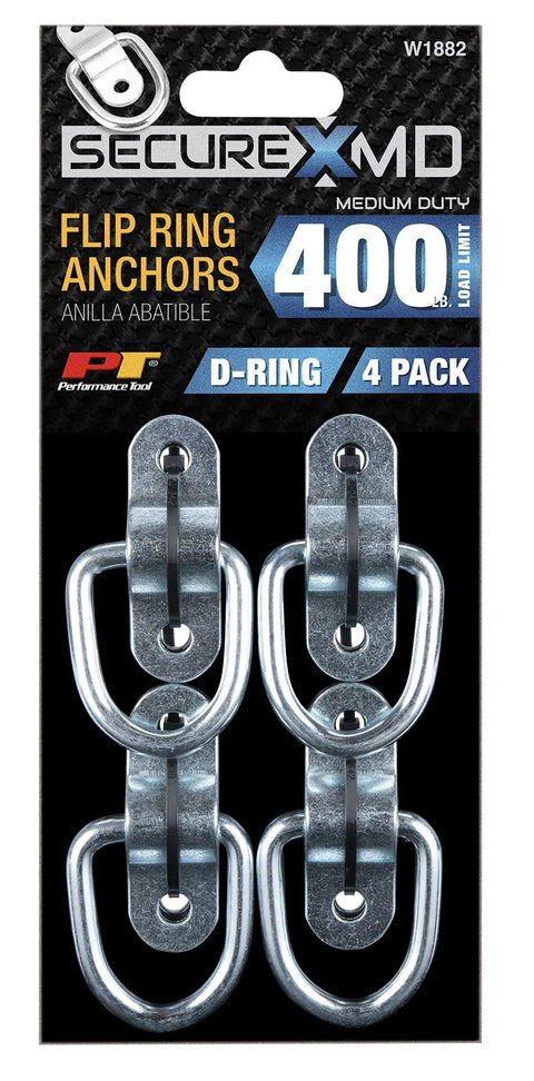 4 Pack Flip Ring Anchors With SecureX System For Cargo Security 400 Lb Load Limit And 1200 Lb Break Strength displayed in packaging
