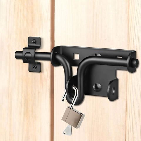Heavy Duty Slide Bolt Gate Latch With Padlock Hole installed on wooden fence, featuring black steel, corrosion-resistant for outdoor use