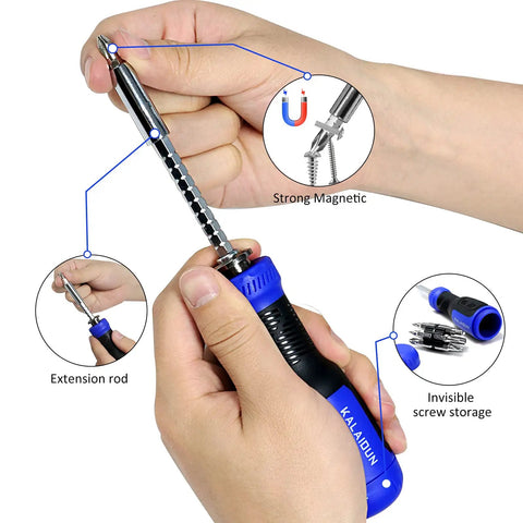Hands holding extension rod of 190 In 1 Precision Screwdriver Set With 164 Magnetic Bits And 22 Practical Accessories.