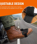 Heavy Duty Rubber Motorcycle Shifter Pad Anti Slip Gear Lever Grip With Adjustable Elastic Strap on brown boot while riding.