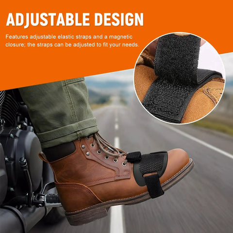 Heavy Duty Rubber Motorcycle Shifter Pad Anti Slip Gear Lever Grip With Adjustable Elastic Strap on brown boot while riding.