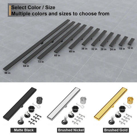 24 Inch Linear Shower Drain Tile in Grate Matte Black Floor Drain Kit No Flange with various sizes and colors available.