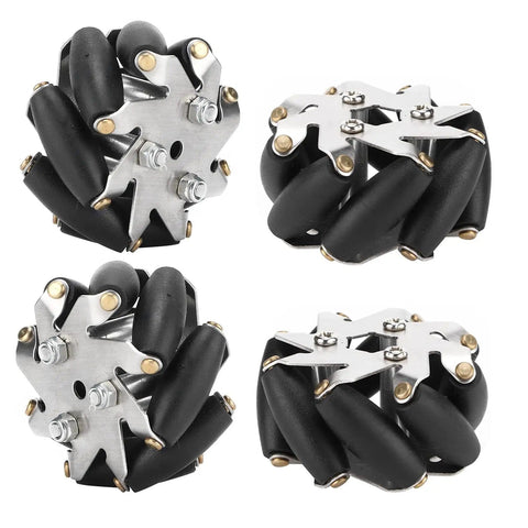 Multidirectional 4 Pack 48mm Steel Mecanum Wheel Set for robot car, 8 rollers each, omnidirectional maneuverability visible, metal structure