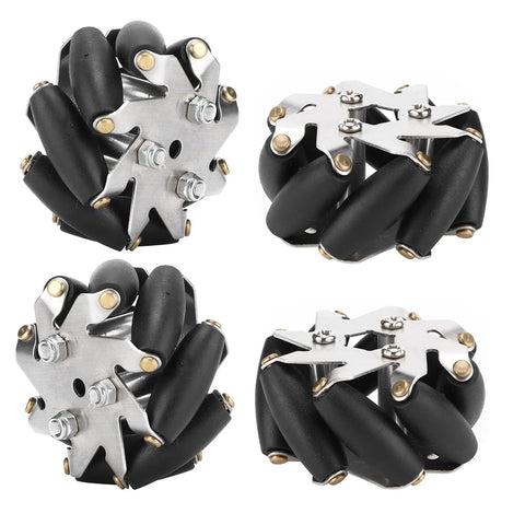 Durable 48mm steel Mecanum wheels for robot car with TPR rollers, 4-pack, omnidirectional 360-degree movement, 3kg load capacity.