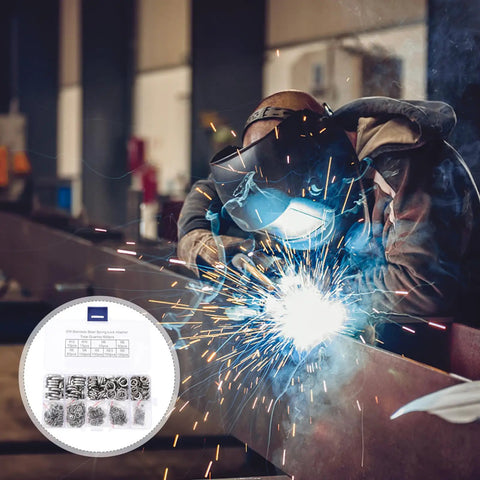 Welder using equipment with a 600-piece Stainless Steel Spring Lock Washer Kit, Silver Finish, for heavy duty industrial work.