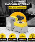 MagSquare magnetic welding clamp with on/off switch for precise metal alignment and strong grip in black.