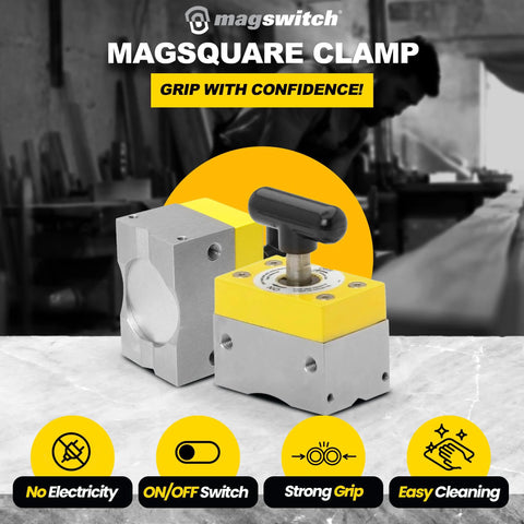 MagSquare magnetic welding clamp with on/off switch for precise metal alignment and strong grip in black.