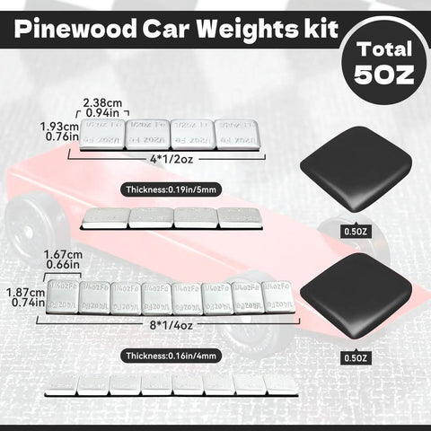 Two Size Pinewood Derby Car Weights Kit With Tungsten Putty And Graphite Lubricant, 12 weight pieces displayed on car model