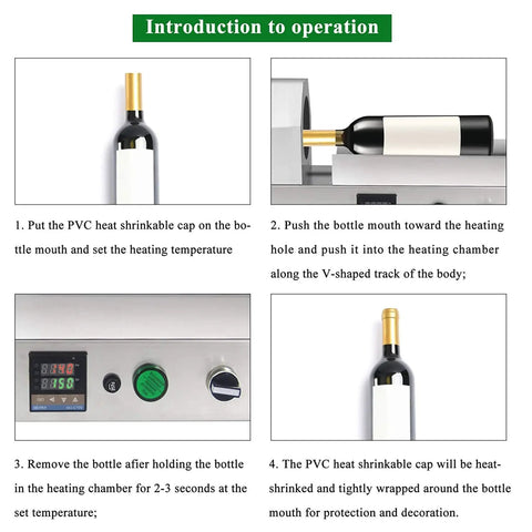 Hassel Free Electric Heat Shrink Wrapping Machine With Digital Thermostat Control Seals Pvc Capsules On Wine Soy Sauce And Olive Oil Bottles Up To Two Point Seven Five Inches Max Diameter Works Like A Champ operating steps with wine bottle and digital display.
