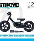 Electric Balance Bike For Kids Ages 3 To 5 With 12eDRIVE Gradual Power Start displayed with battery and charger